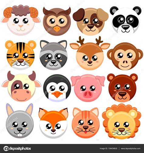 Cute cartoon animals head round shape. Bear, cat, dog, pig, rabbit, cow, deer, lion, sheep ...