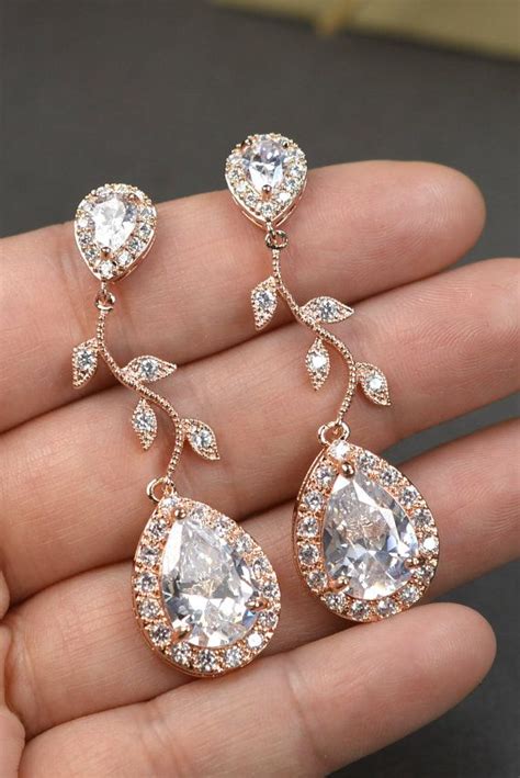 Rose gold Crystal Bridal earrings Wedding jewelry set Wedding Bridal jewelry chandelier dangle ...