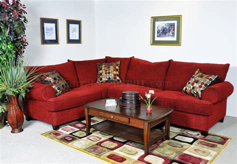 Red Fabric Contemporary Sectional Sofa w/Rolled Arms