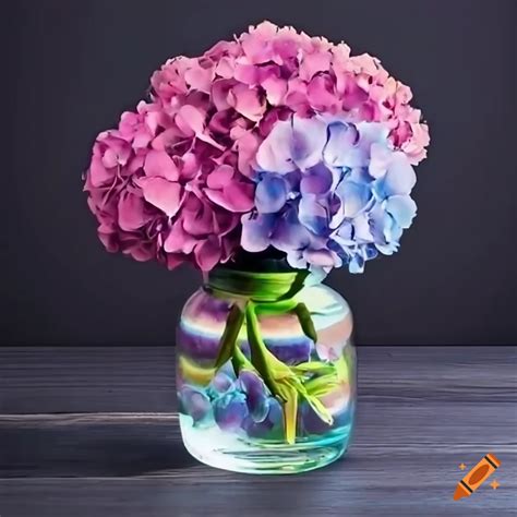 Vibrant hydrangea flowers in a colored glass jar on a black wood plank ...