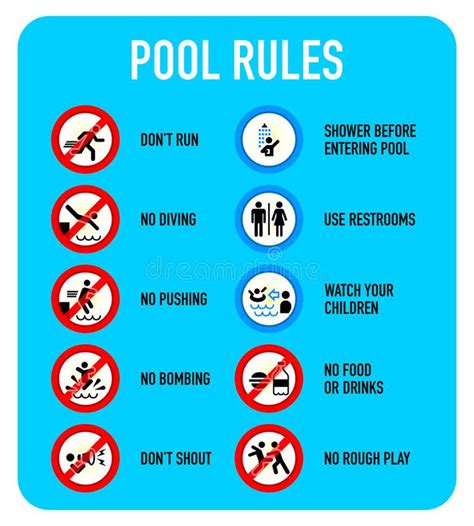 a sign showing the rules for swimming in pools and not to swim in water