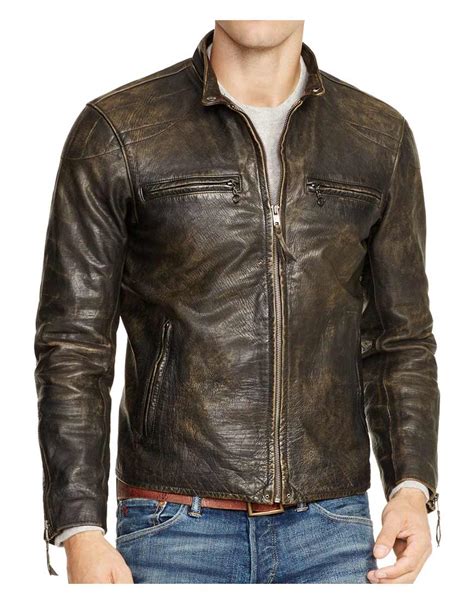 Mens Biker Dark Brown Distressed Leather Jacket - UJackets