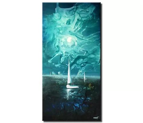 blue abstract ocean sailboats painting on canvas modern vertical ...