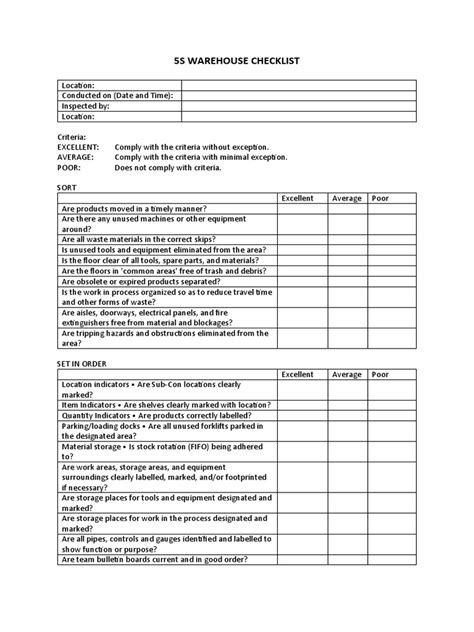 5S Warehouse Checklist | PDF | Warehouse