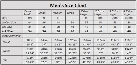 Us Men's Jacket Size Chart