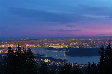 Vancouver BC Cityscape Lions Gate Bridge Sunset Photograph by David Gn ...