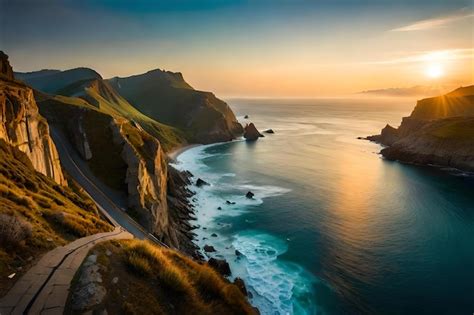 Premium AI Image | A winding road leads to a cliff edge with a sunset ...