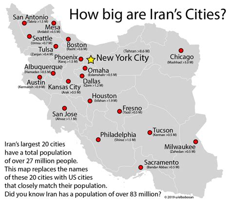 [OC] Map of Iran with its 20 largest cities labeled as a US city of ...