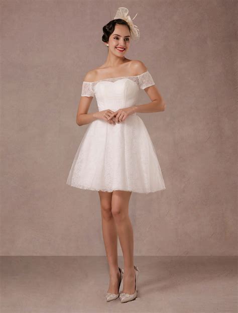 Short Wedding Dress Lace Off The Shoulder Mini A-line Vintage Bridal Dress - Milanoo.com