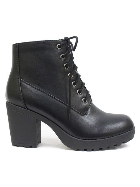 Second-S Black PU Leather Soda Women Ankle Combat Boots High Heels Lace Up Side Zipper Booties 6 ...