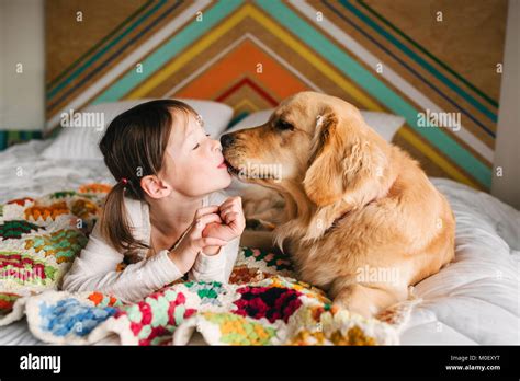 Girl lying on a bed kissing her golden retriever dog Stock Photo - Alamy