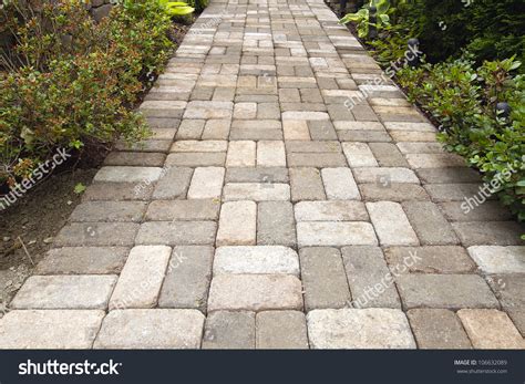 Garden Brick Pavers Path Walkway With Basket Weave Pattern Stock Photo ...