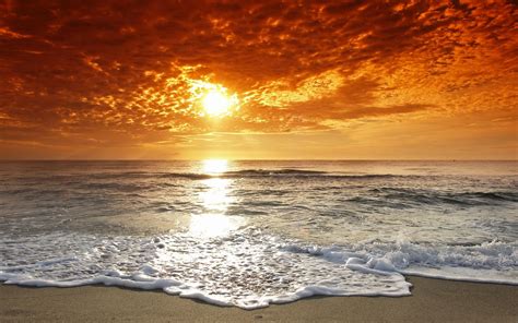 Beach Sunset Landscape, Beautiful Red Rays Of Sunset Image, #21572