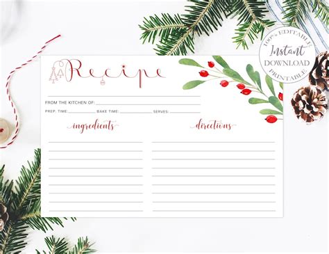 Christmas Recipe Cards Printable Holiday Recipe Card | Etsy