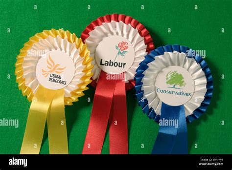 The three main UK political parties rosettes Stock Photo - Alamy