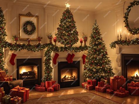 Premium Photo | Beautiful fireplace Christmas tree and other ...