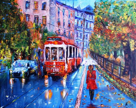 Rainy city painting Rainy cityscape City Streetcar art Red | Etsy