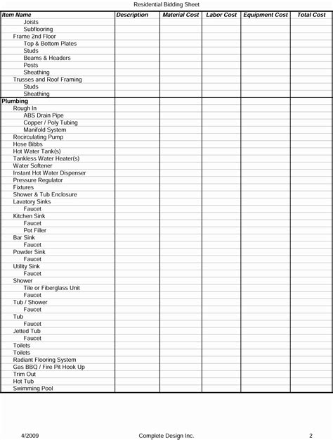 Construction Spec Sheet Template