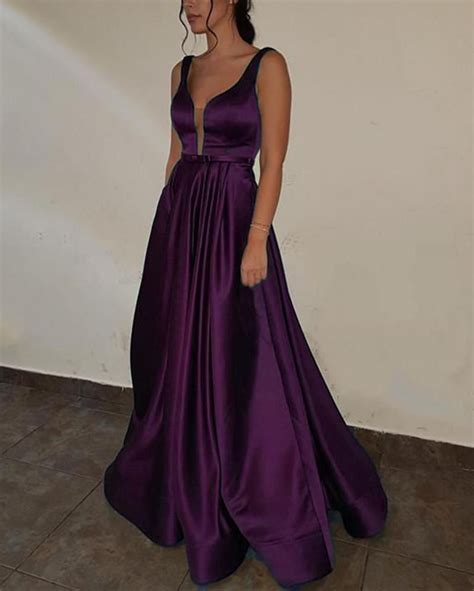 Purple Prom dress with Deep V Neck A Line Satin Formal Gown Long PL3650 | Purple prom dress ...