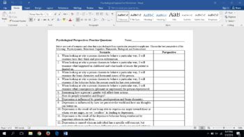 A.P. Psychology Perspectives Worksheet by Valerie Pelak | TpT