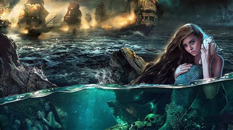 Mermaid, pirate, sea, fantasy, vara, water, green, summer, tides of ...