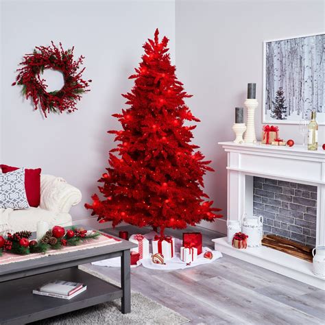 7' Red Flocked Fraser Fir Artificial Christmas Tree with 500 Red Lights, 40 Globe Bulbs and 1039 ...