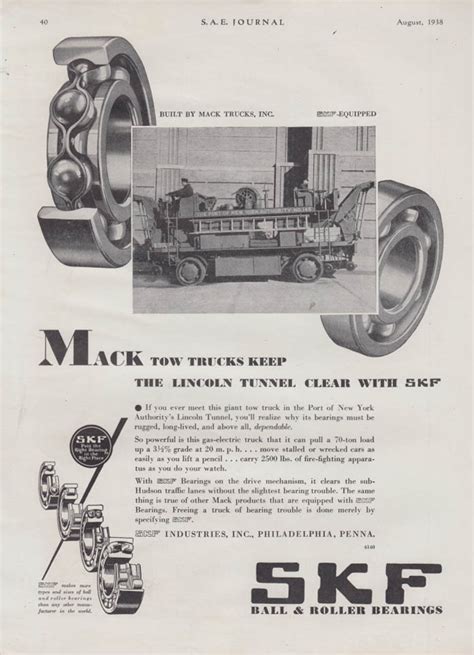 Mack Tow Trucks keep the Lincoln Tunnel Clear - SKF Bearings ad 1938