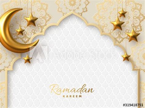 Ramadan Kareem vector card with 3d golden metal crescent and stars. Arabic style arch in beige ...