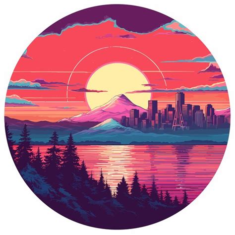 Premium Vector | A colorful sunrise with a city in the background.