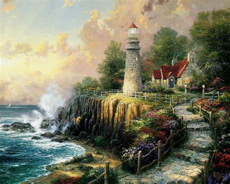 #artwork Thomas Kinkade #painting #stairs #lighthouse #coast #1080P # ...