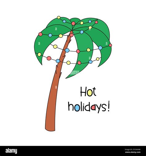 Christmas Palm tree vector illustration. Funny decorated doodle beach ...