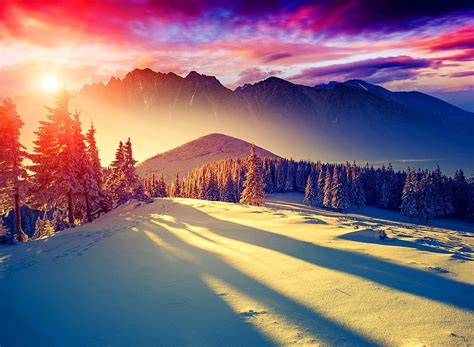 Sunrise Nature Beautiful Rays Pretty Colorful Sunset Hills, Winter ...