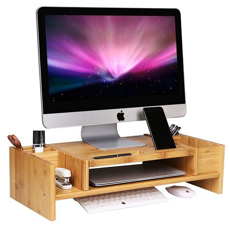 Bamboo 2-Tier Monitor Stand Riser with Adjustable Storage Organizer ...