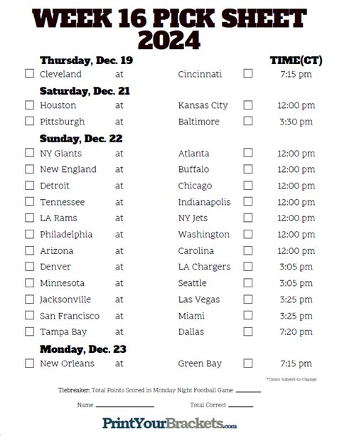 Central Time Week 16 NFL Schedule 2024 - Printable