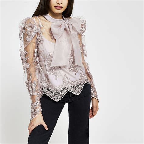 Grey puff sleeve organza lace blouse | River Island