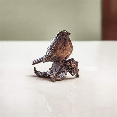 Miniature Solid Bronze Robin Statue 8th Anniversary Gift Countryside Bird Figurine Bird Lovers ...