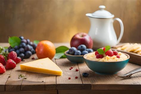 Premium AI Image | a bowl of cereal, fruit, and a bowl of raspberries.