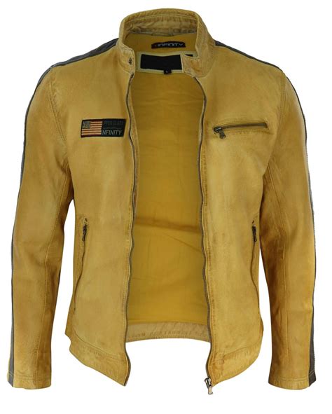 Real Leather Short Racing Mens Yellow Jacket: Buy Online - Happy ...