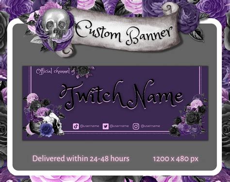 Purple Gothic Twitch Banner Custom. Goth Skull Twitch Banner Custom. Purple Roses Stream Banner ...