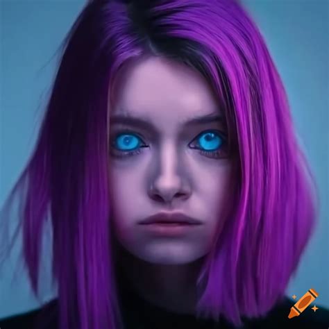 Sad girl with purple hair and blue eyes wearing black leggings and low ...