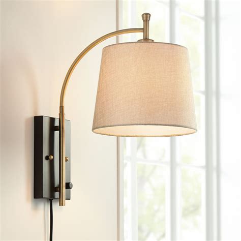 360 Lighting Modern Swing Arm Wall Lamp Antique Brass Black Plug-In Light Fixture Tan Drum Shade ...