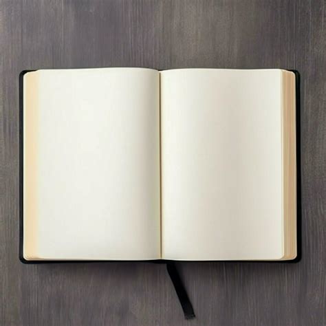 Overhead view of open book with empty blank white pages. Notebook composition for catalog ...