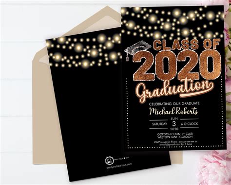 Class of 2020 Copper Graduation Invitation Printable Template, Black Editable Invitation ...