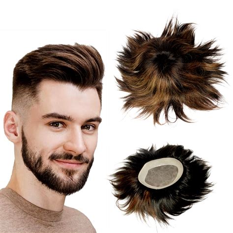 Kabello Human Hair Men Wig Patch Toupee For Boys 8x6 Dark Brown With Highlight Pack Of 1 ...