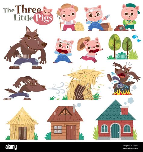 Vector illustration of Cartoon The Three little pigs. Set of cute ...