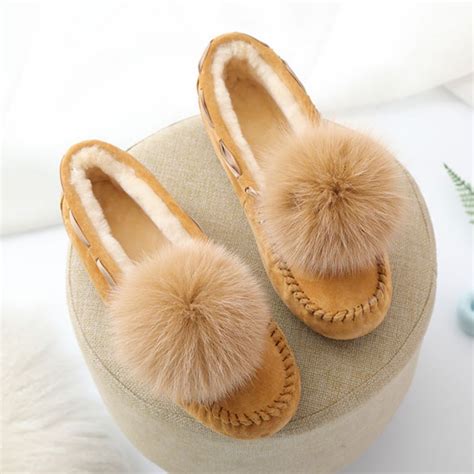 Women's Moccasin Slippers with Pom Pom Warm Shearling Moccasins