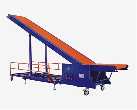 an orange and blue conveyor belt is on the back of a cart with wheels