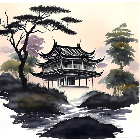 Premium Vector | Chinese ink landscape painting ink landscape painting ...