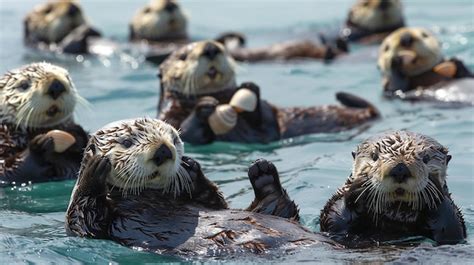 Premium Photo | Sea Otters Floating and Cracking Shells