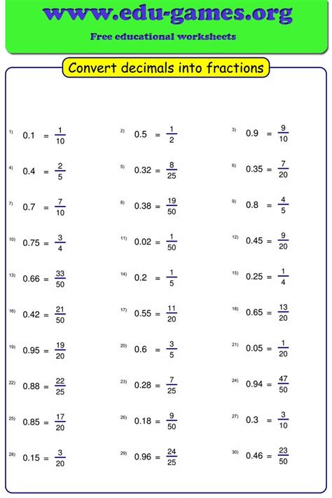 Worksheet Maker: Convert Decimals to Fractions